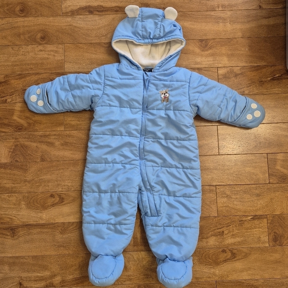 Faded Glory Baby Blue Puppy Hooded Snowsuit with Ears – Size 6-9 Months